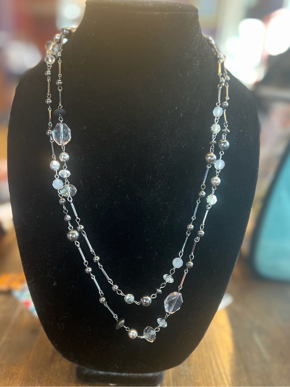 Bead Layered Necklace - Clear/Silver